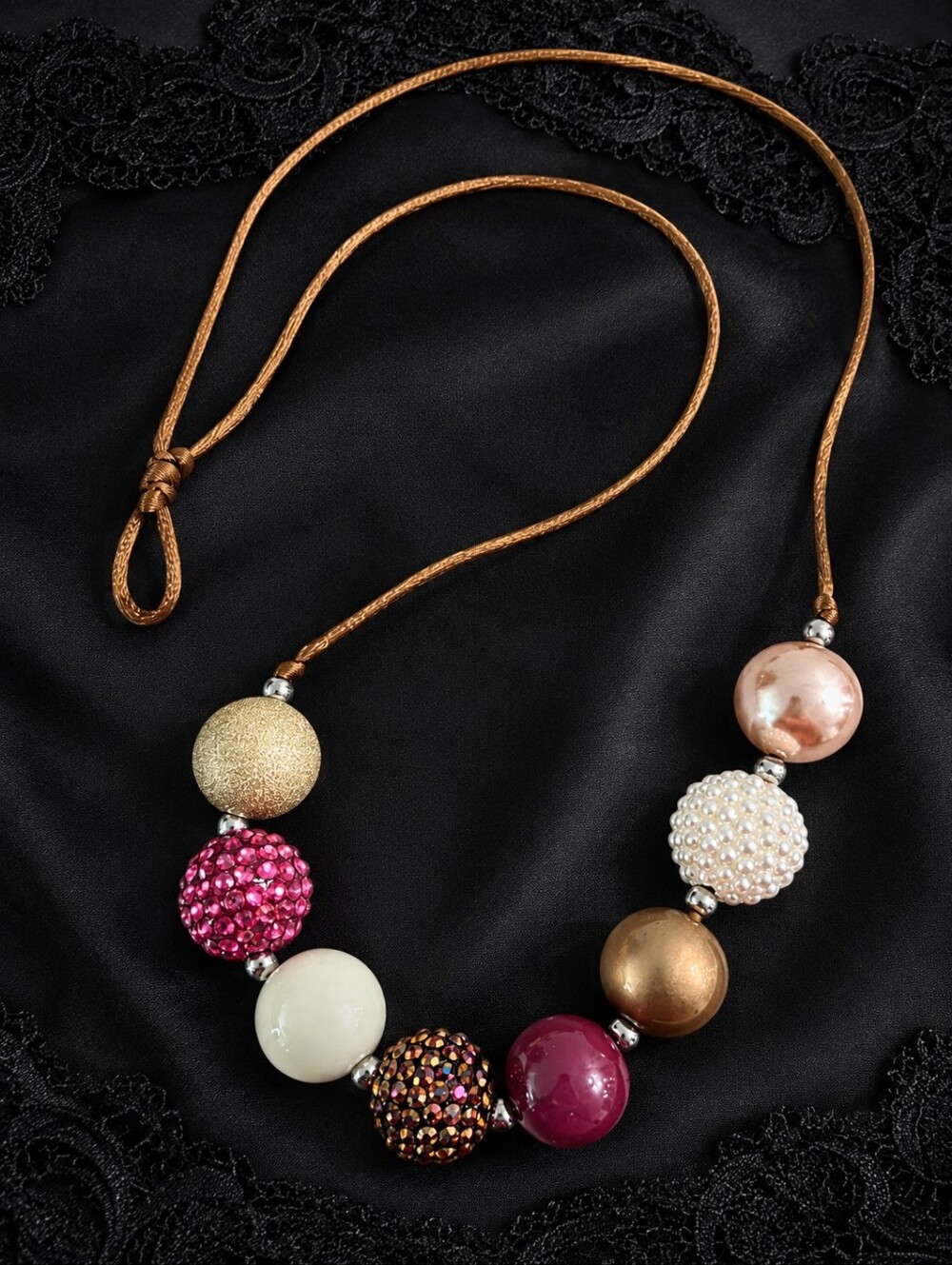 Chunky Bubblegum Bead Statement Necklace Magenta Pearl Rhinestone Fall Colors